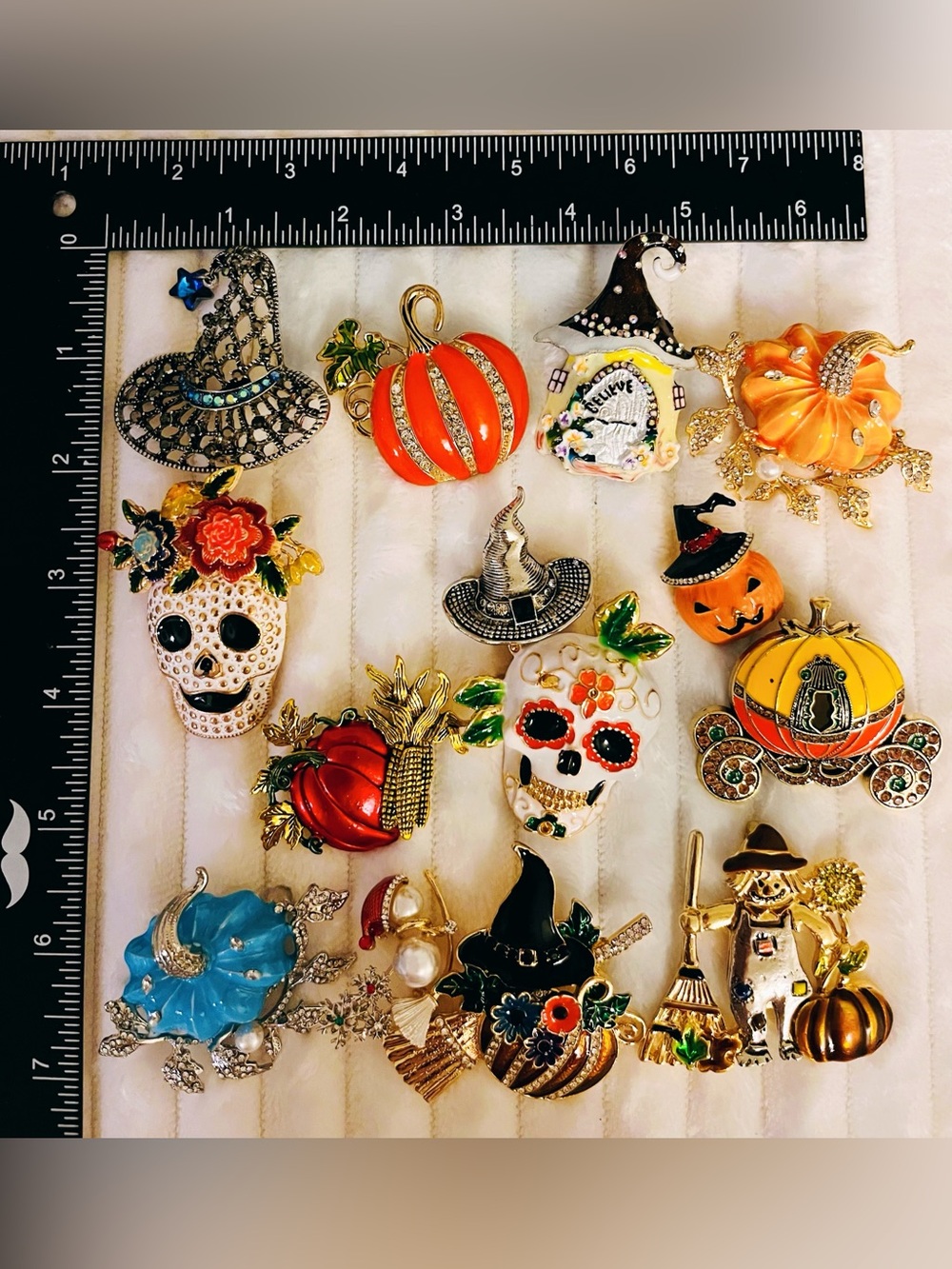 14pc Halloween Fall Brooch Pin Lot Pumpkin Carriage Sugar Skull Scarecrow